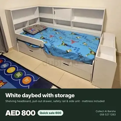 White kids bed with shelving headboard, pull-out drawer and mattress