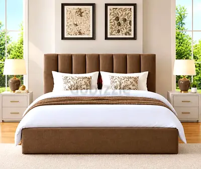 Brown upholstered king bed with padded headboard - with Matrress