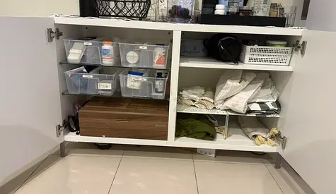 White Storage Cabinet with Shelves and Drawers