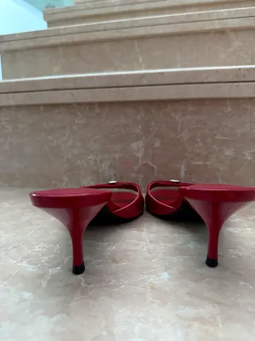 Red patent slip-on high heel sandals, gently used