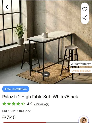 Paloz 1+2 High Table Set - White/Black (Bar Table with 2 Stools)