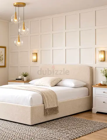 Upholstered king size  double bed with Matttess - neutral beige