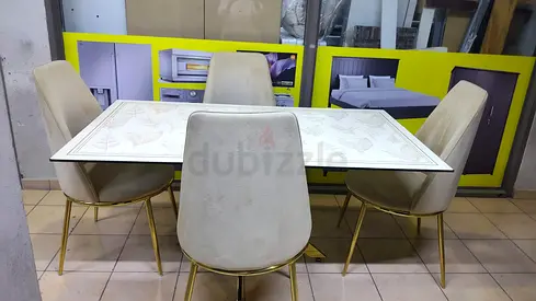 White Modern Dining Table with 4 Beige Velvet Chairs