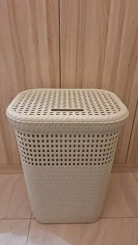 Beige Woven Laundry Basket with Lid
