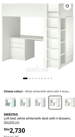 Loft bed with desk and 4 drawers - white, 90x200 cm (IKEA SMÅSTAD style)
