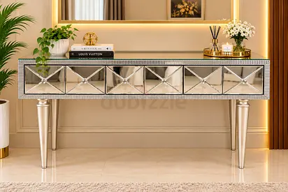 Mirrored Console Table with 5 Drawers - Elegant Silver Finish