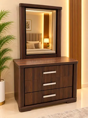 Wooden Dresser with Mirror and 3 Drawers - Dark Walnut