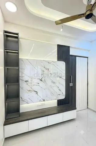 Modern TV Entertainment Unit with Marble Back Panel and Storage