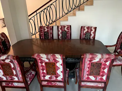 Solid Wood 8-Seater Dining Table with Upholstered Chairs