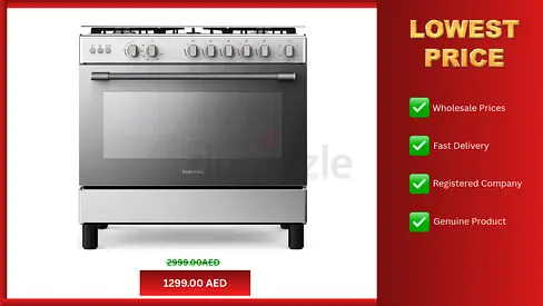 TOSHIBA Cooking Range 90x60 cm Freestanding Gas Cooke5 burners Auto Ignition Stainless Steel