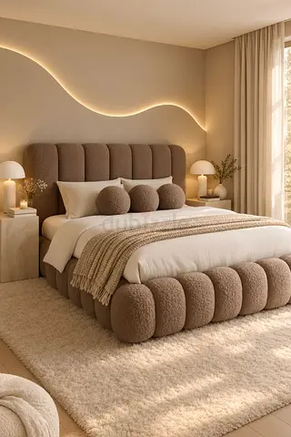 Plush upholstered double bed with headboard and footboard