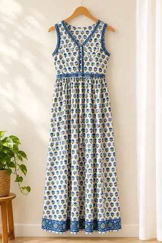 Lightweight sleeveless printed maxi dress, size unknown
