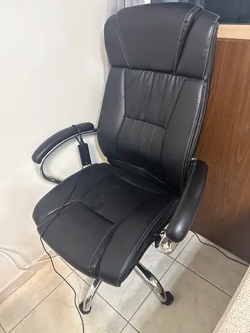 Black leather office chair with chrome frame - good condition and White coffee table..