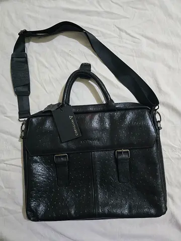 Black Leather Laptop Briefcase with Shoulder Strap
