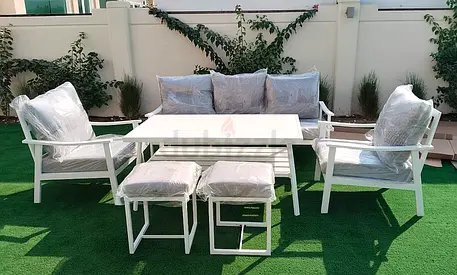Stunning White Aluminium 7 Seater Outdoor Garden Sofa with Big Table