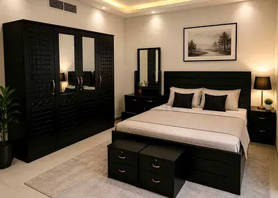 Complete 6-Piece Black Wooden Bedroom Set – Bed, Wardrobe, Nightstands, Dresser & More