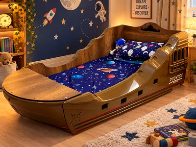 Pirate Ship Bed with Wooden Frame (Single Bed With Mattress)