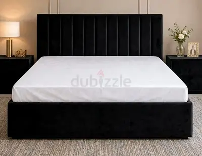 Black Upholstered Double Bed Frame with Vertical Channel Headboard