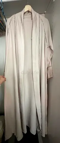 Light beige long open-front women's cardigan/abayah style