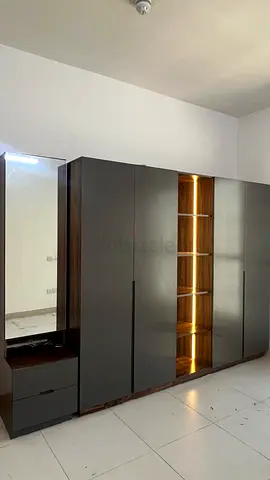 Large Modern 4-Door Wardrobe with Open Shelves and Lighting. Dressing table with storage
