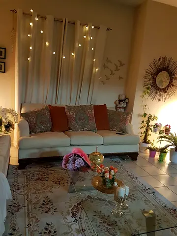 Light beige 3-seater sofa with cushions and glass coffee table - good condition