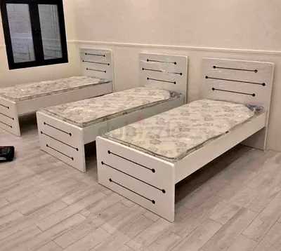 Set of 3 Single Beds with Mattresses - White Wooden Frame