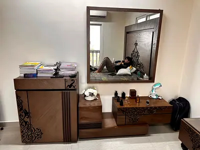 Wooden Bedroom Dresser Set with Large Mirror and Storage — Good Condition