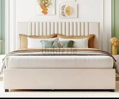 Upholstered King Size Bed Frame with Mattress Padded Headboard - Beige