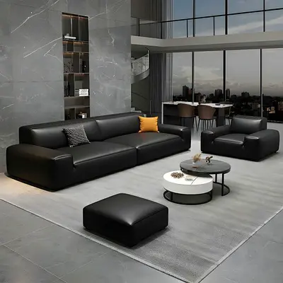 Modern Black Leather 3-Seater Sofa with Ottoman and Armchair