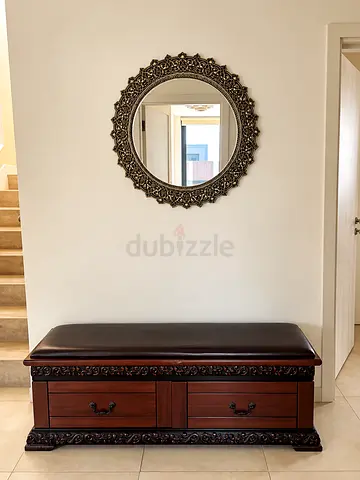Wooden Storage Bench with Carved Details and Leather Seat With Mirror