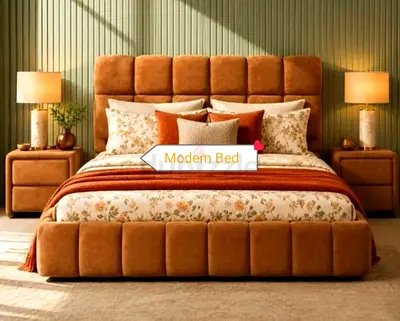 Upholstered Modern King Size Bed with Padded Headboard - Brown