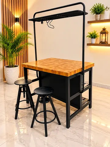 Solid Wood Top Kitchen Island with Overhead Rack and 2 Stools - Black