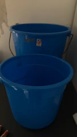 2 Blue(medium & small) and 1 green large Plastic Buckets-unused..issue handles rusted. Decluttering