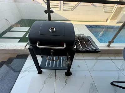 Used outdoor charcoal/gas bbq grill with side tray and wheels