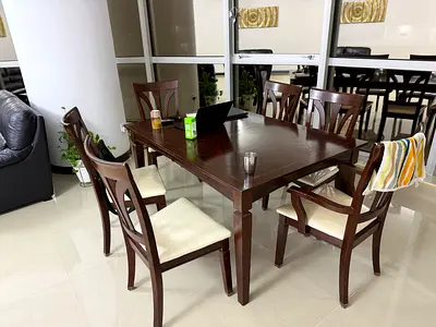 Solid Wood 8-Seater expandable Dining Table Set with Cushioned Chairs - Dark Brown