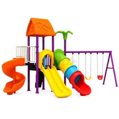 Playground with Spiral Slide, Double Slide, Rainbow Tube Slide & 3 Swings – 735 × 560 × 395 cm