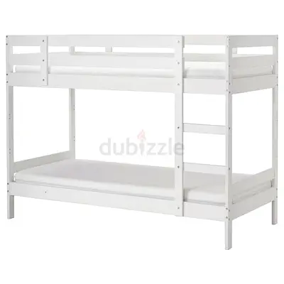 White Wooden Bunk Bed — Solid Frame, Ladder and Mattresses Included