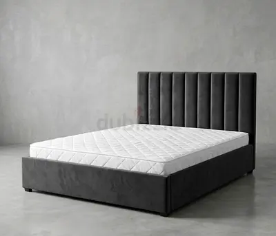 Grey Upholstered Double Bed with Vertical Channel Headboard