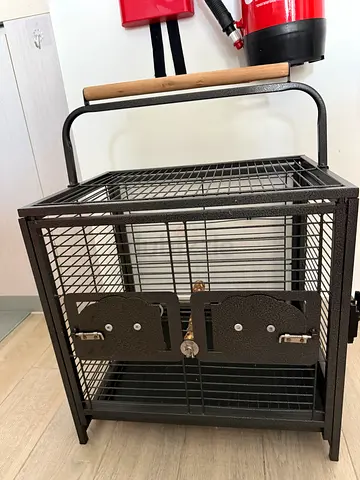 Metal bird cage on stand with wooden perch - good condition iron carrier cagr