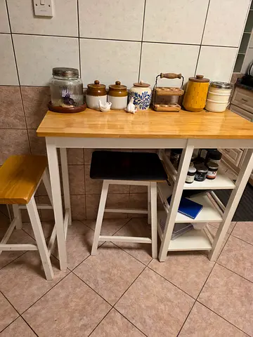 Solid Wood Kitchen Island with Storage Shelves and 2 Stools