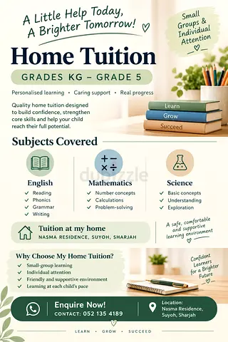Friendly Home-based Tutor Available (KG to Grade 6) – Nasma Residence, Al Suyoh, Sharjah