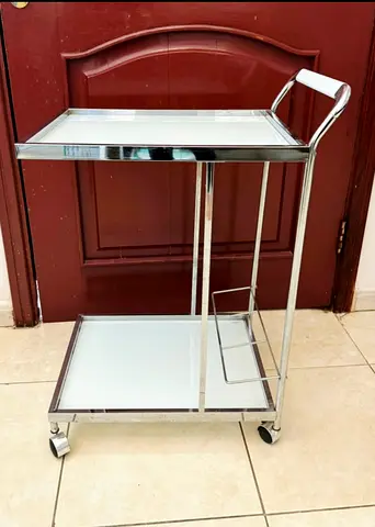 Chrome Serving Trolley / Bar Cart with Glass Shelves on Wheels