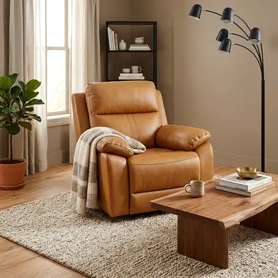 Single Tan Leather Recliner Armchair — Comfortable Living Room Seat