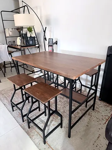 Wood and Metal Bar dining Table with 4 Stools - Industrial Style high table with high chairs