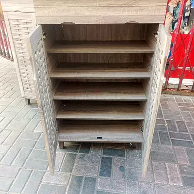 Wooden Shoe Cabinet with Louvered Doors — 6 Shelves, Light Oak