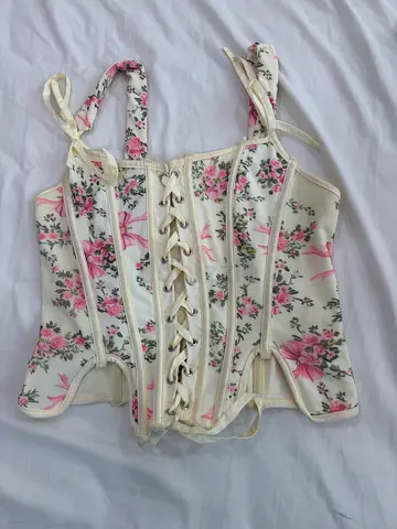 Pink Floral Lace-Up Corset Top