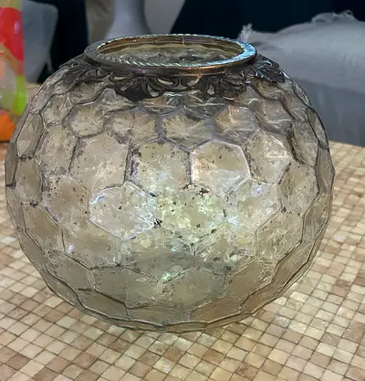 Antique-Style Textured Glass Globe Vase with Metal Rim