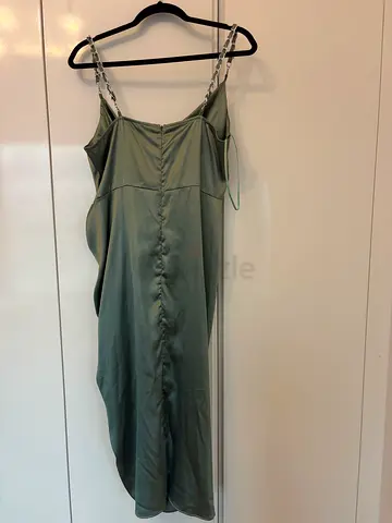 Sage green satin slip dress with chain straps
