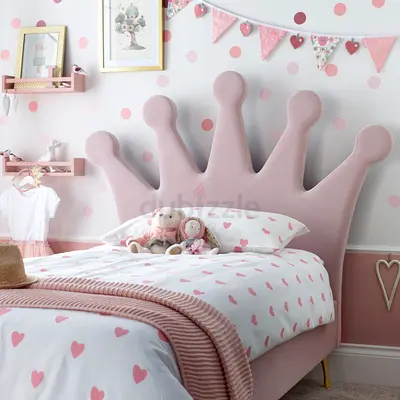 Kids Single Bed 90x200 – Pink Velvet, Crown Headboard, Factory Price