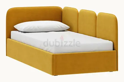 Single upholstered bed with padded headboard and side panels - mustard yellow